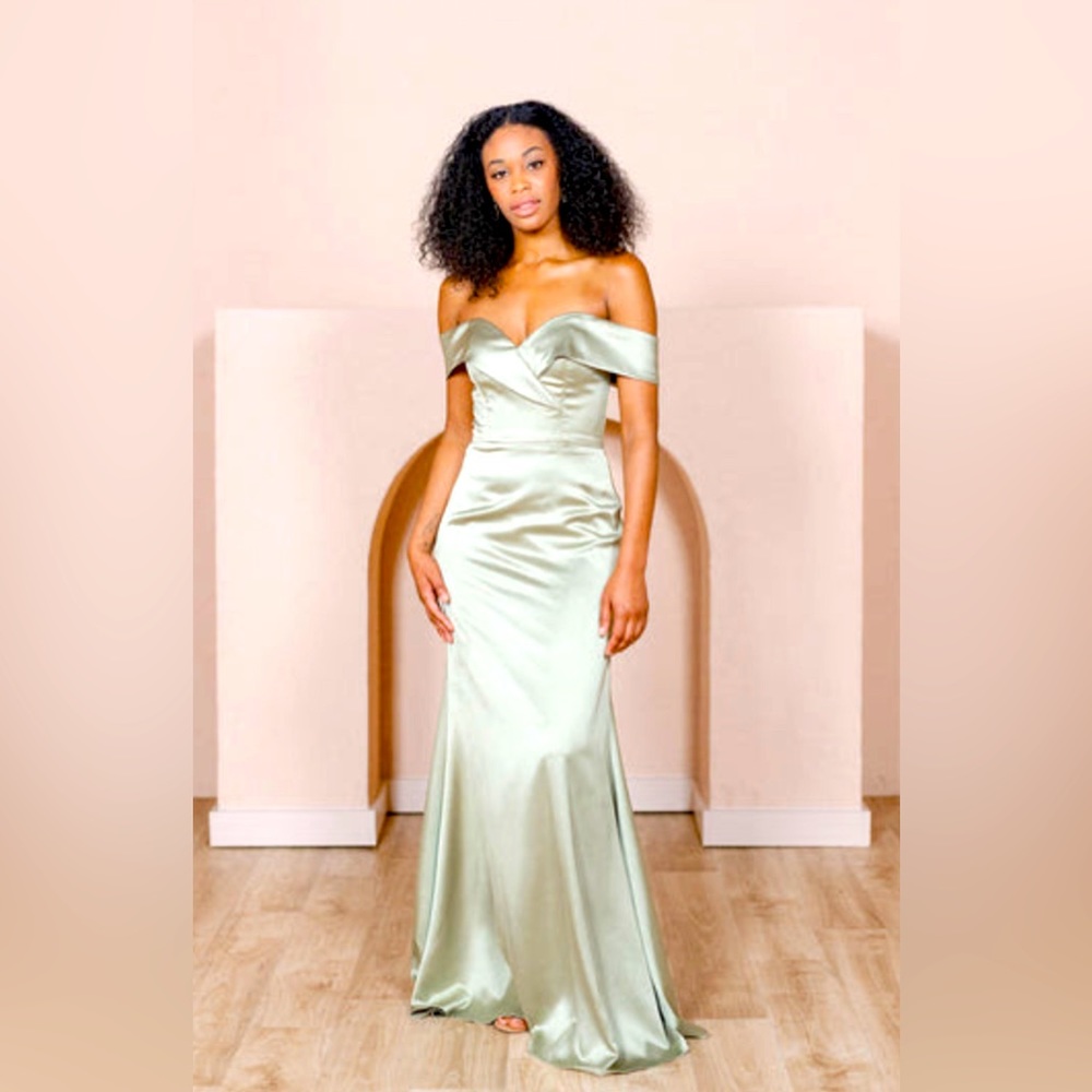 Revelry Bardot Silver Sage Satin Dress